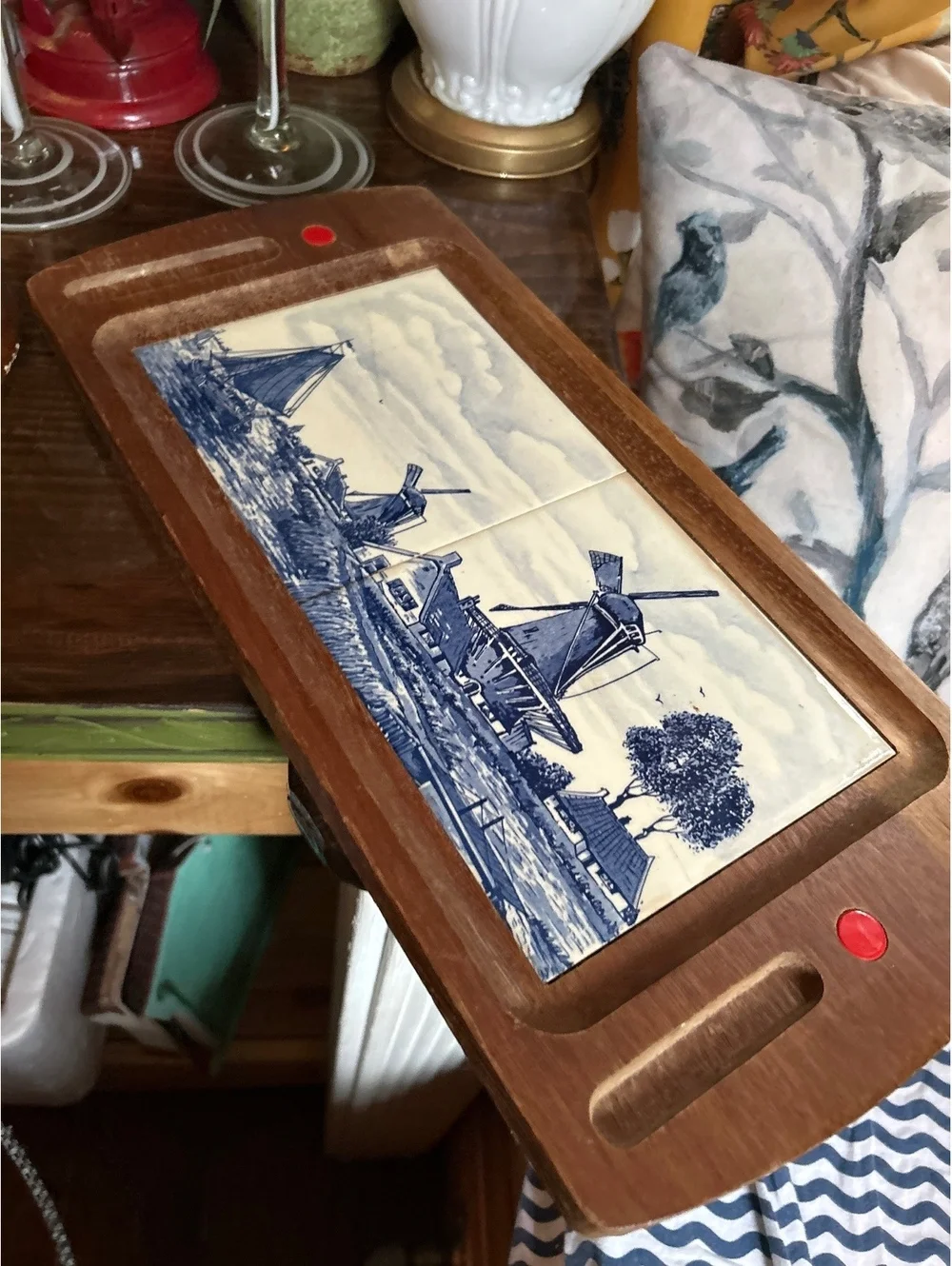 Vintage Wooden Serving Tray with Delft Blue Windmill Tile Inlay